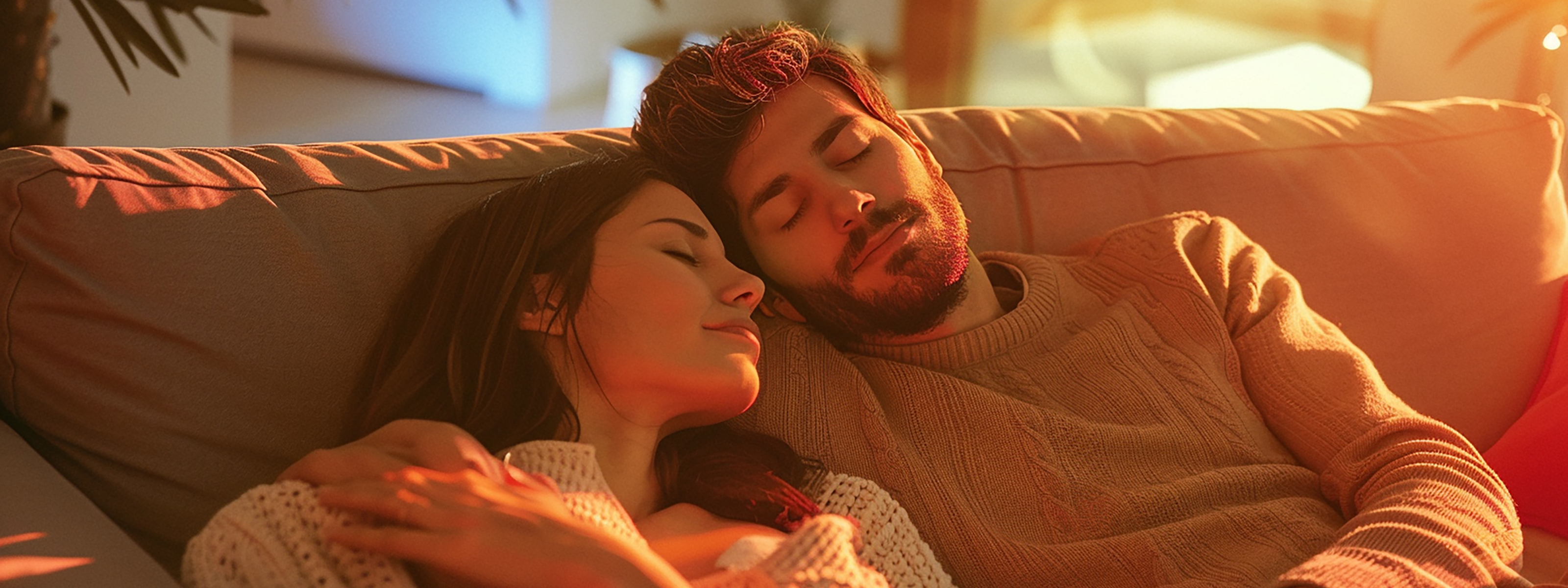 Couple relaxing under red light therapy for muscle recovery and wellness